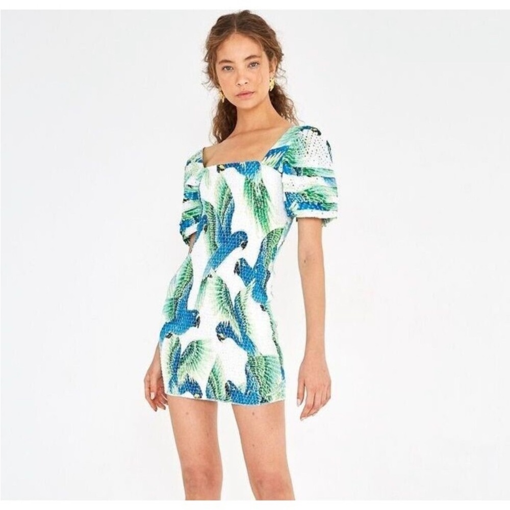 FARM Rio Tropical Parrot eyelet Smocked Dress. New with tags. Size medium
